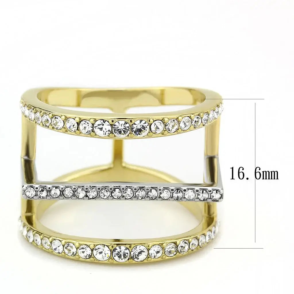 TK3593 - Two-Tone IP Gold (Ion Plating) Stainless Steel Ring with Top Grade Crystal in Clear - Alamode - Flyclothing LLC