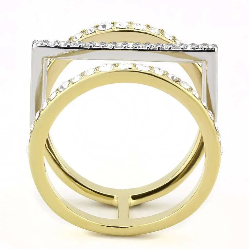 TK3593 - Two-Tone IP Gold (Ion Plating) Stainless Steel Ring with Top Grade Crystal in Clear - Alamode - Flyclothing LLC