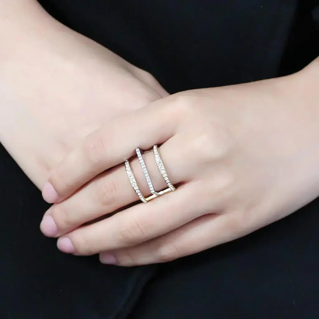 TK3593 - Two-Tone IP Gold (Ion Plating) Stainless Steel Ring with Top Grade Crystal in Clear - Alamode - Flyclothing LLC