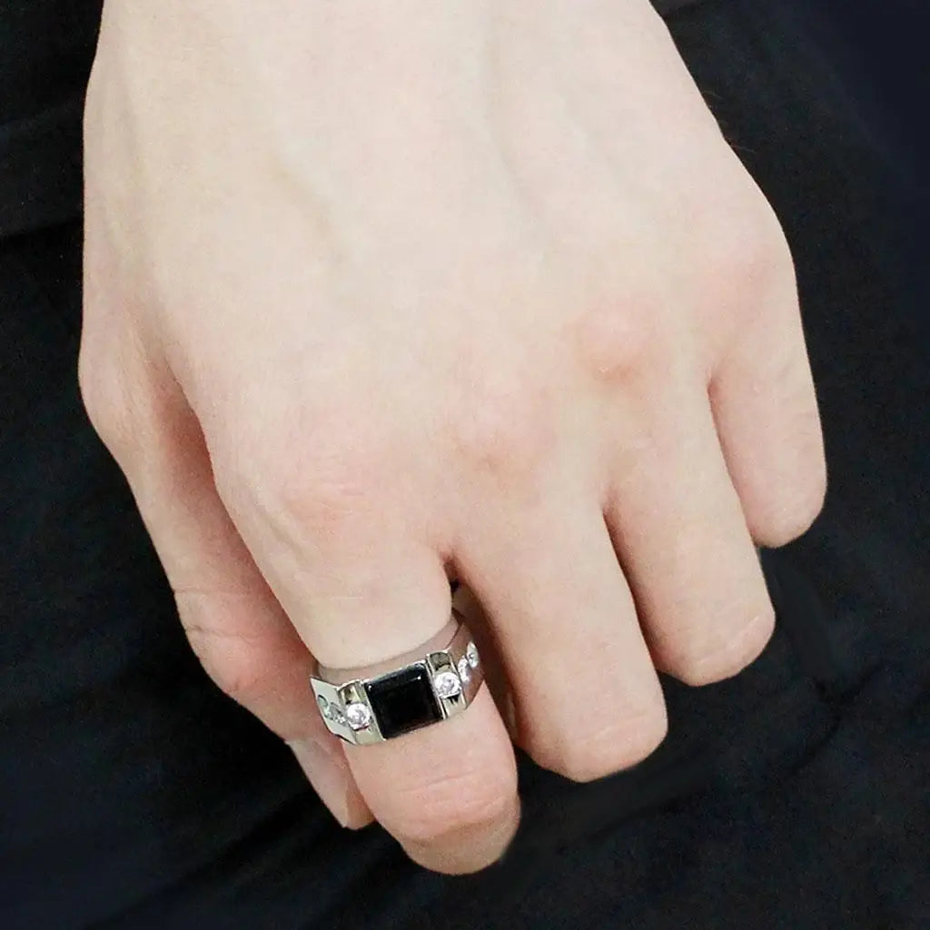 TK3615 - High polished (no plating) Stainless Steel Ring with Synthetic Onyx in Jet - Alamode - Flyclothing LLC