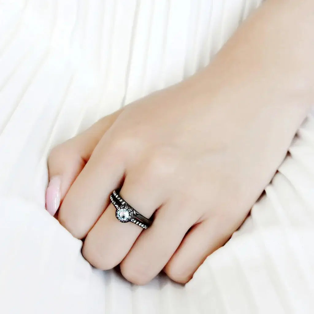 TK3634 - IP Black(Ion Plating) Stainless Steel Ring with Synthetic Synthetic Glass in Sea Blue - Alamode - Flyclothing LLC