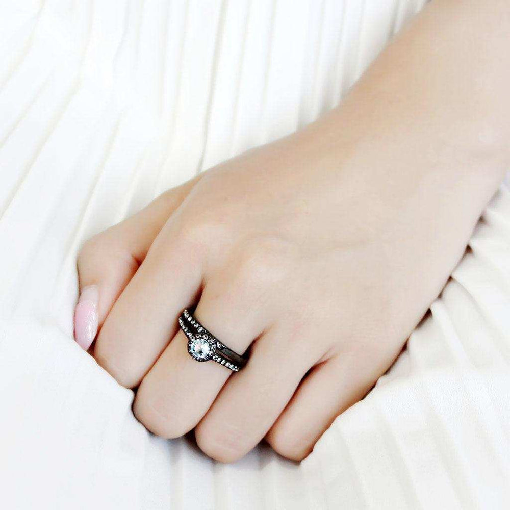 TK3634 - IP Black(Ion Plating) Stainless Steel Ring with Synthetic Synthetic Glass in Sea Blue - Alamode - Flyclothing LLC