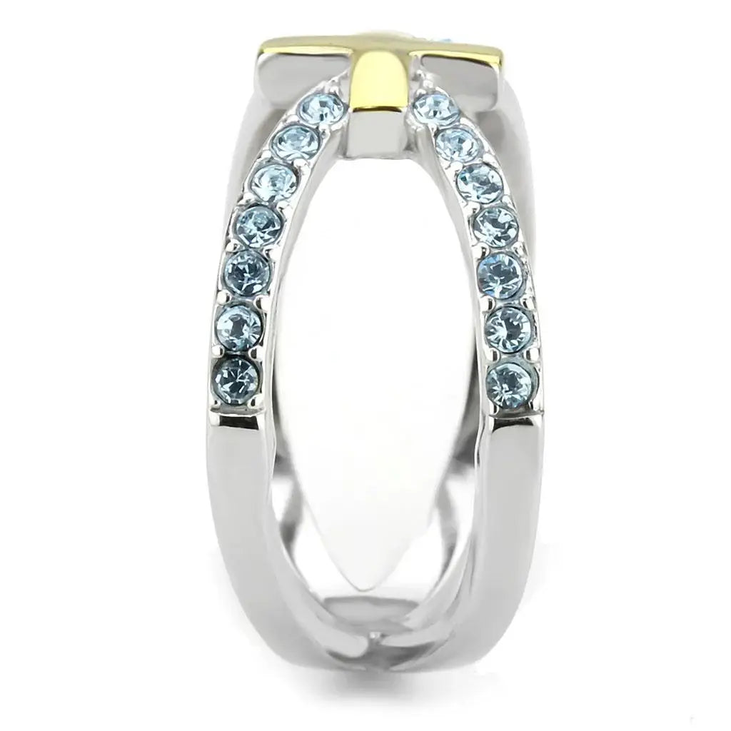 TK3636 - Two-Tone IP Gold (Ion Plating) Stainless Steel Ring with Top Grade Crystal in Sea Blue - Alamode - Flyclothing LLC