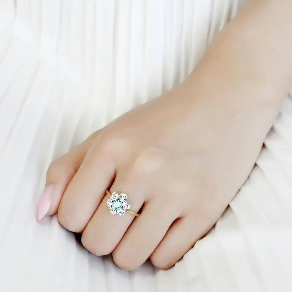 TK3642 - IP Gold(Ion Plating) Stainless Steel Ring with Synthetic Synthetic Glass in Sea Blue - Alamode - Flyclothing LLC