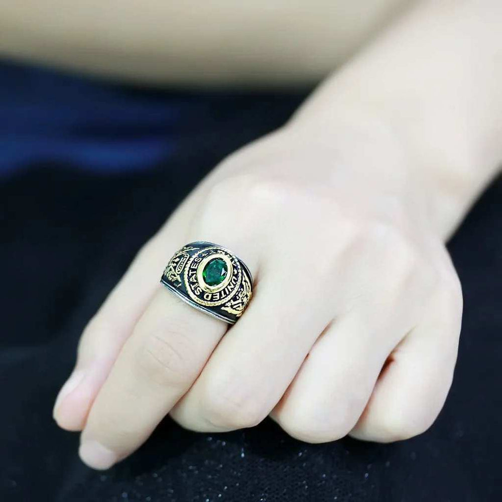 TK3724 - Two-Tone IP Gold (Ion Plating) Stainless Steel Ring with Synthetic Synthetic Glass in Emerald - Alamode - Flyclothing LLC