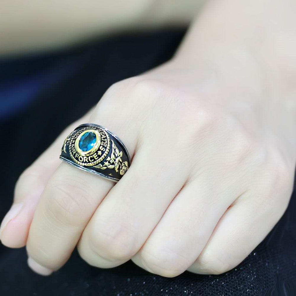 TK3725 - Two-Tone IP Gold (Ion Plating) Stainless Steel Ring with Synthetic Synthetic Glass in Sea Blue - Alamode - Flyclothing LLC