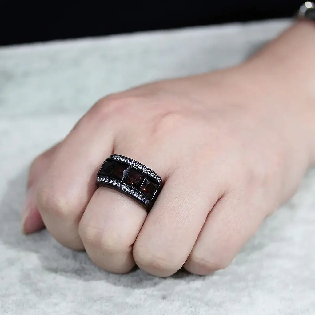 TK3746 IP Black Stainless Steel Ring with Synthetic in Brown - Alamode - Flyclothing LLC