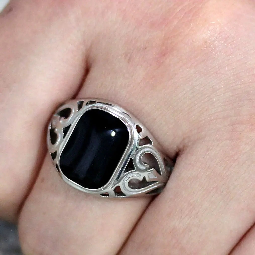 TK3753 High polished Stainless Steel Ring with Epoxy in Jet - Alamode - Flyclothing LLC