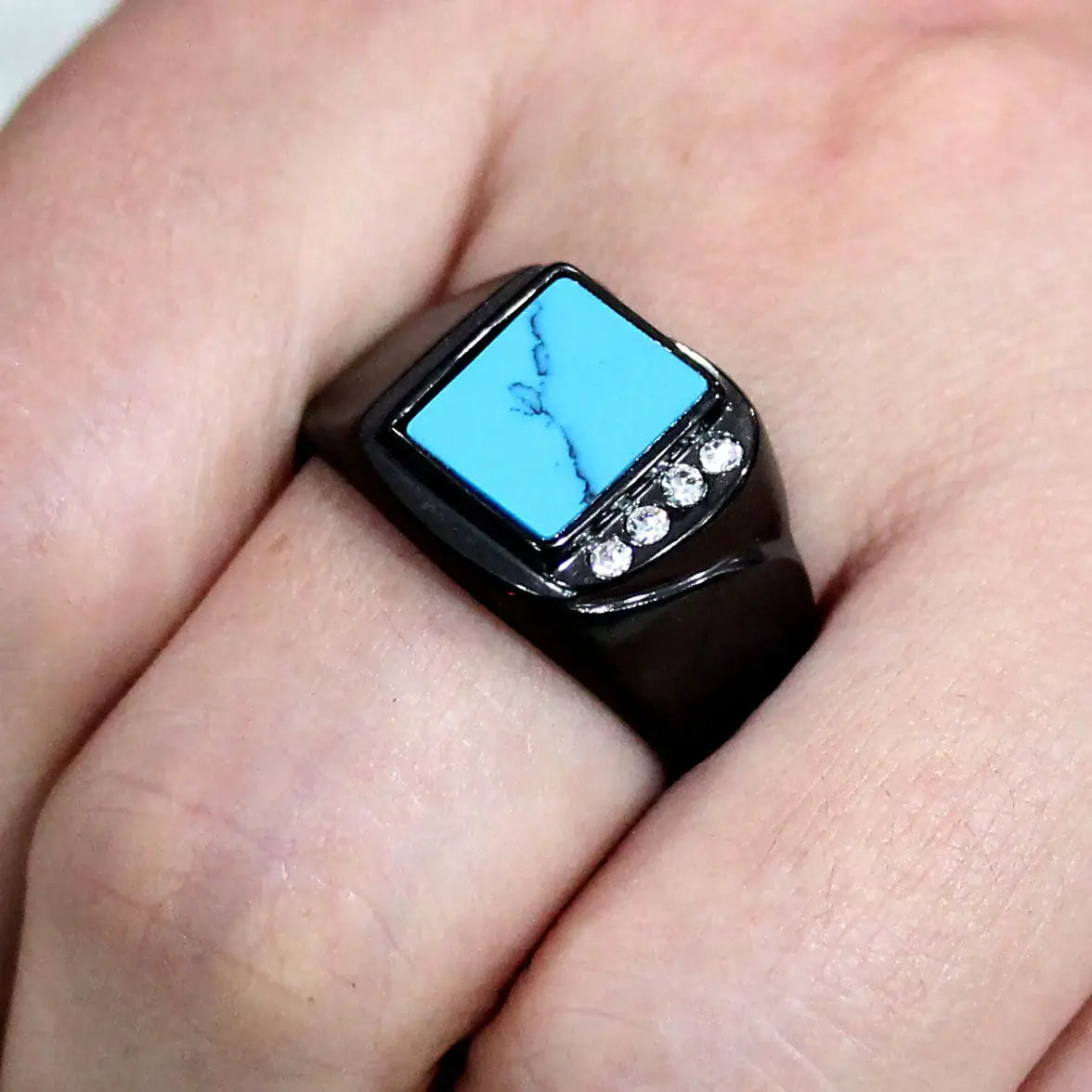 TK3755 IP Black Stainless Steel Ring with Synthetic in Sea Blue - Alamode - Flyclothing LLC