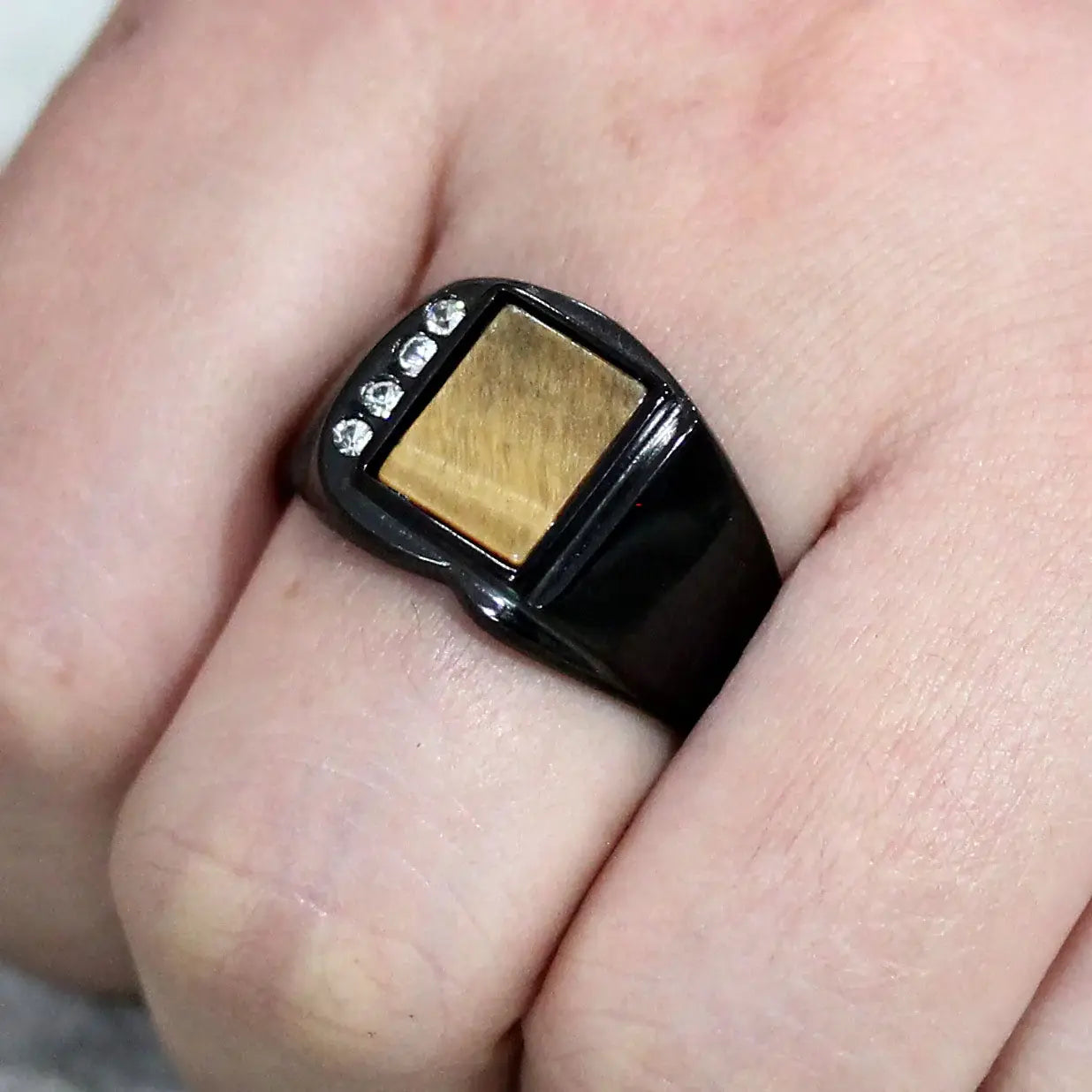 TK3756 IP Black Stainless Steel Ring with Synthetic in Topaz - Alamode - Flyclothing LLC