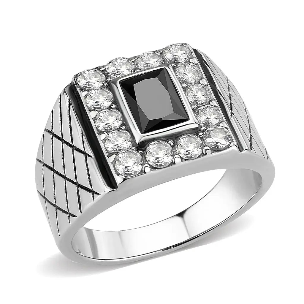 TK3761 - High polished (no plating) Stainless Steel Ring with AAA Grade CZ in Jet - Alamode - Flyclothing LLC
