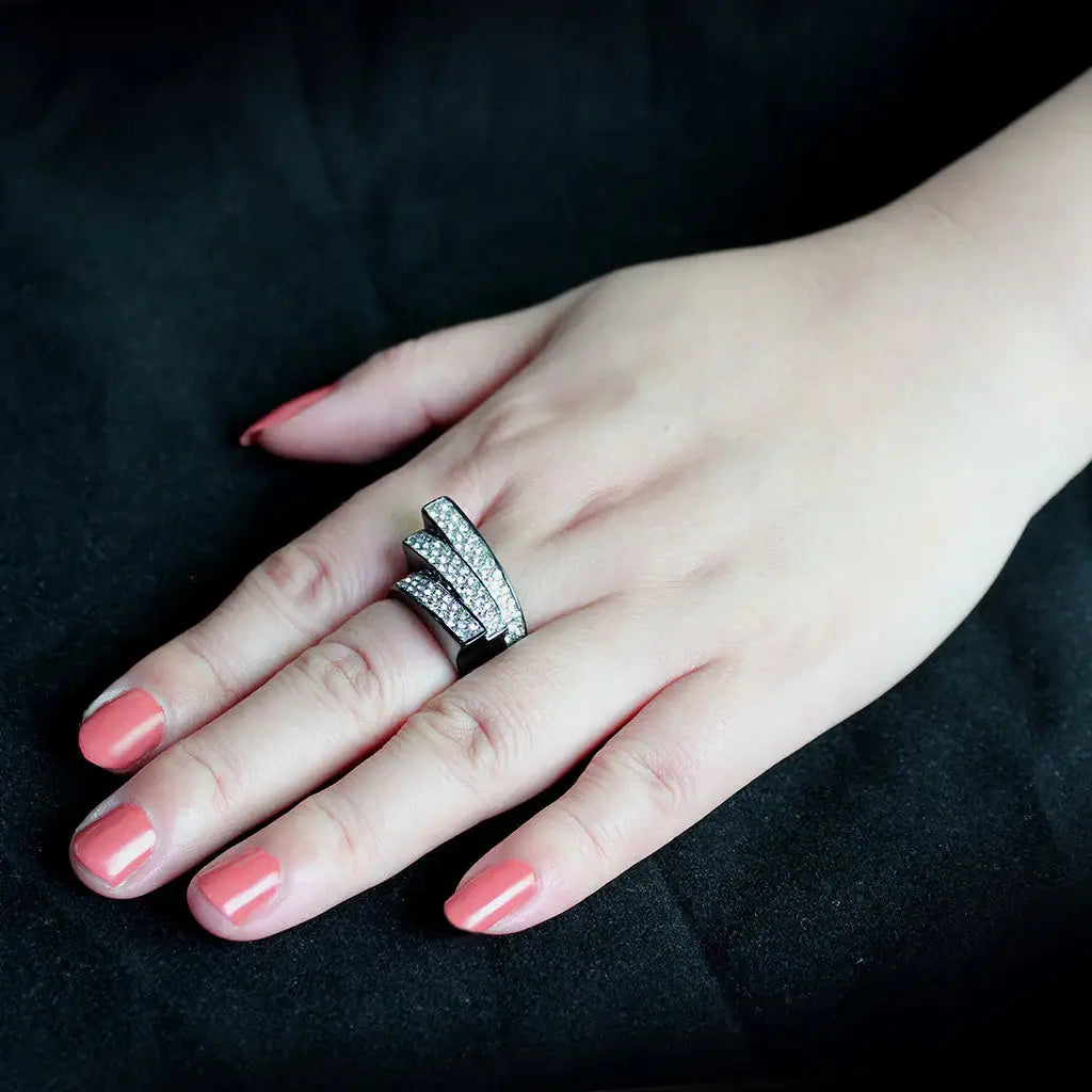 TK3814 - Two Tone IP Black (Ion Plating) Stainless Steel Ring with Top Grade Crystal in Clear - Alamode - Flyclothing LLC