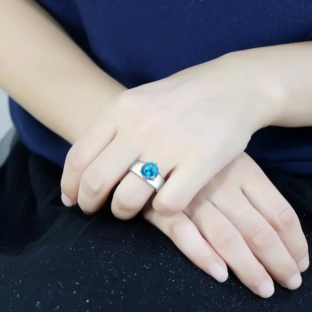 TK52003 - High polished (no plating) Stainless Steel Ring with Synthetic Synthetic Glass in Sea Blue - Alamode - Flyclothing LLC