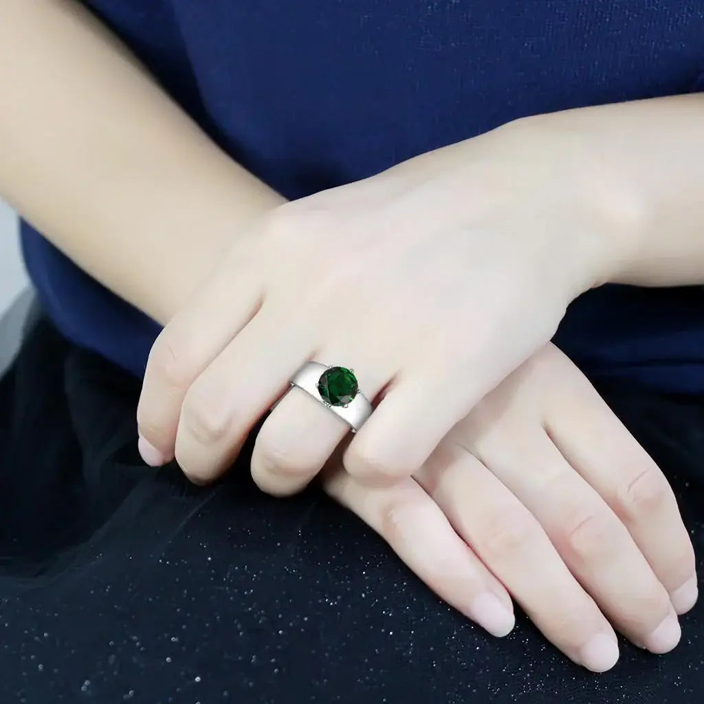 TK52005 - High polished (no plating) Stainless Steel Ring with Synthetic Synthetic Glass in Emerald - Alamode - Flyclothing LLC