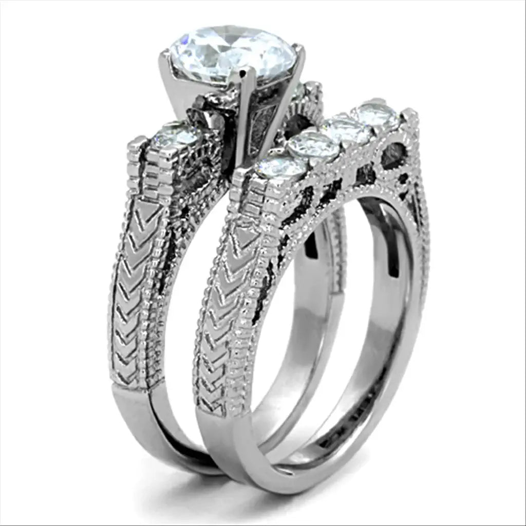 TK5X019 - High polished (no plating) Stainless Steel Ring with AAA Grade CZ in Clear - Alamode - Flyclothing LLC