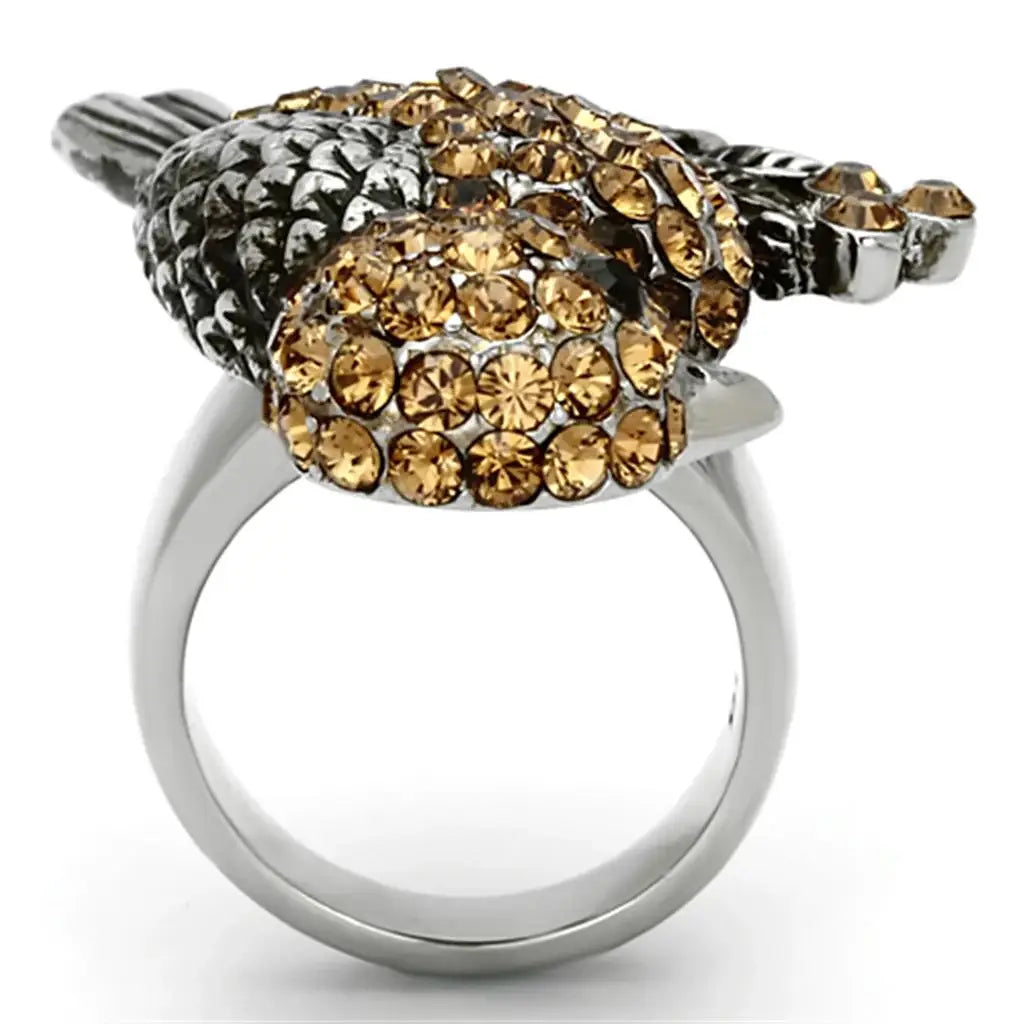 TK932 - High polished (no plating) Stainless Steel Ring with Top Grade Crystal in Smoked Quartz - Alamode - Flyclothing LLC