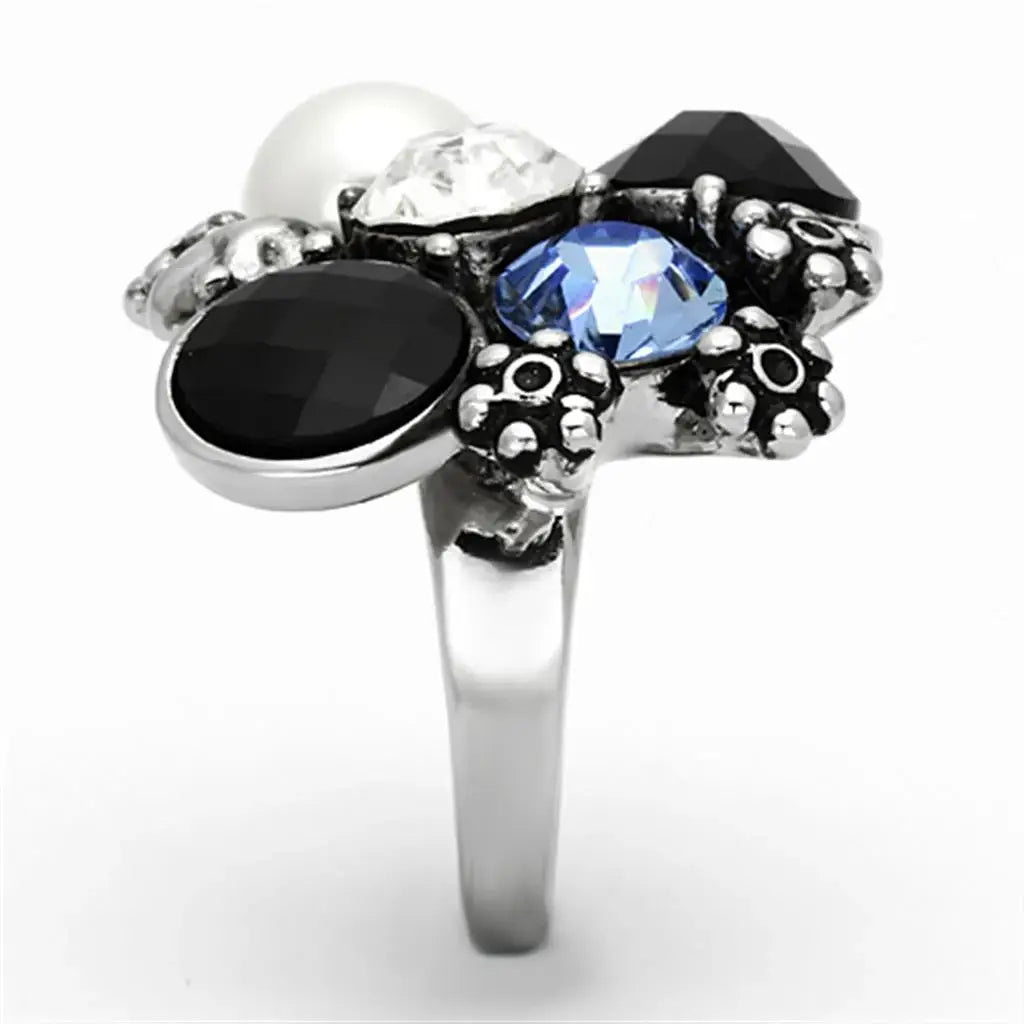 TK941 - High polished (no plating) Stainless Steel Ring with Synthetic Synthetic Glass in Jet - Alamode - Flyclothing LLC