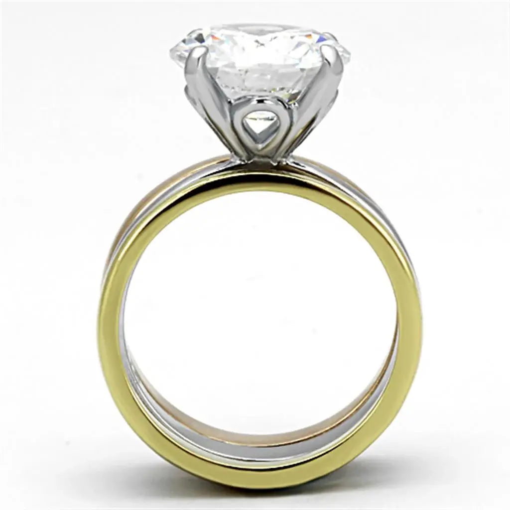 TK963 - Three Tone (IP Gold & IP Rose Gold & High Polished) Stainless Steel Ring with AAA Grade CZ in Clear - Alamode - Flyclothing LLC