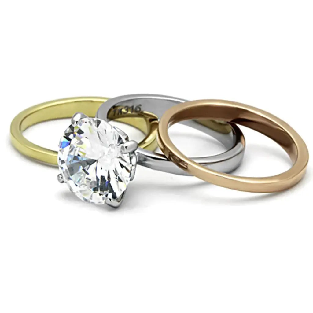 TK963 - Three Tone (IP Gold & IP Rose Gold & High Polished) Stainless Steel Ring with AAA Grade CZ in Clear - Alamode - Flyclothing LLC