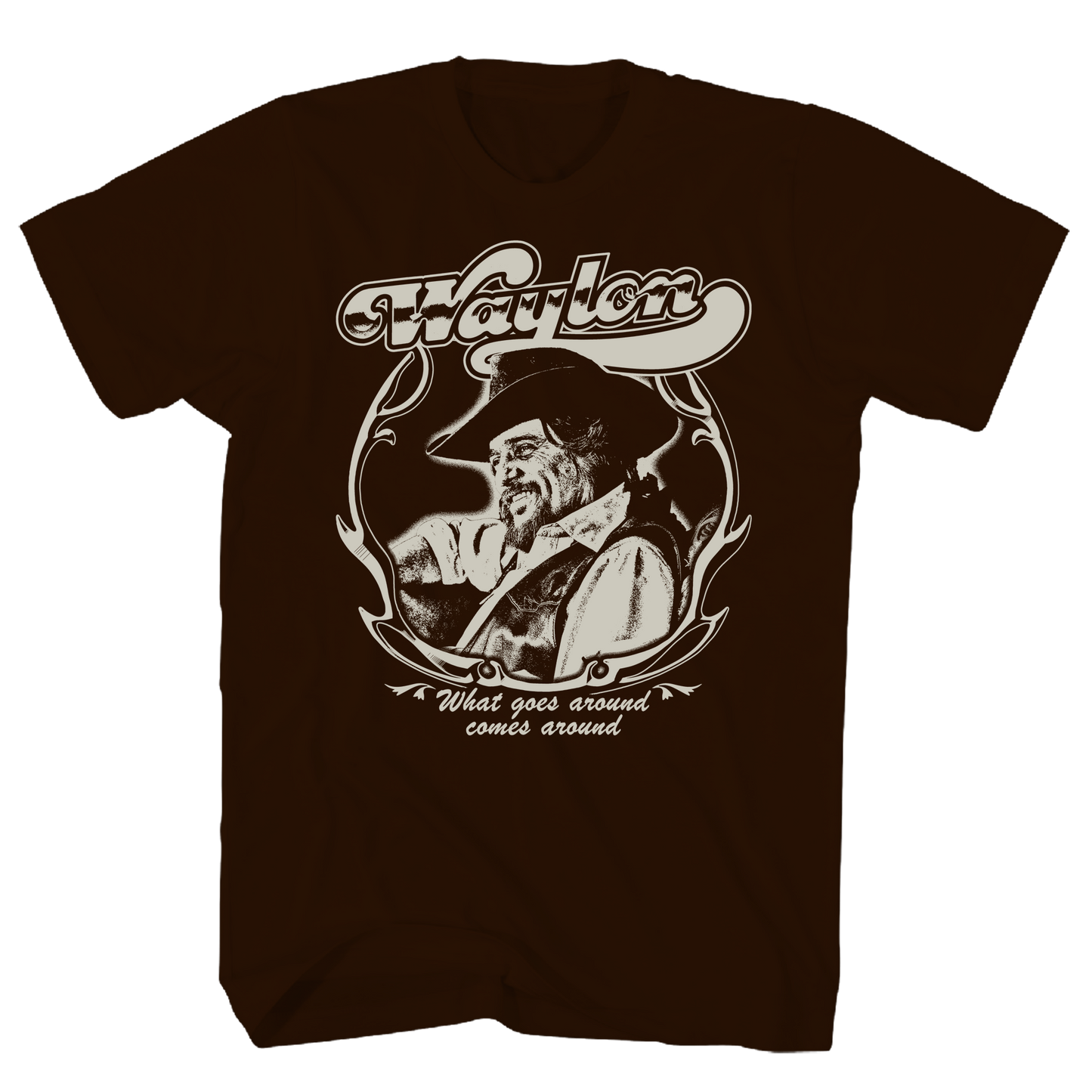 WAYLON JENNINGS WHAT GOES AROUND CHOCOLATE T-SHIRT