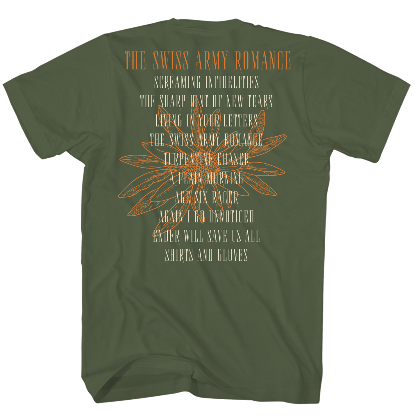 DASHBOARD CONFESSIONAL THE SWISS ARMY ROMANCE TRACK LIST MILTARY GREEN T-SHIRT
