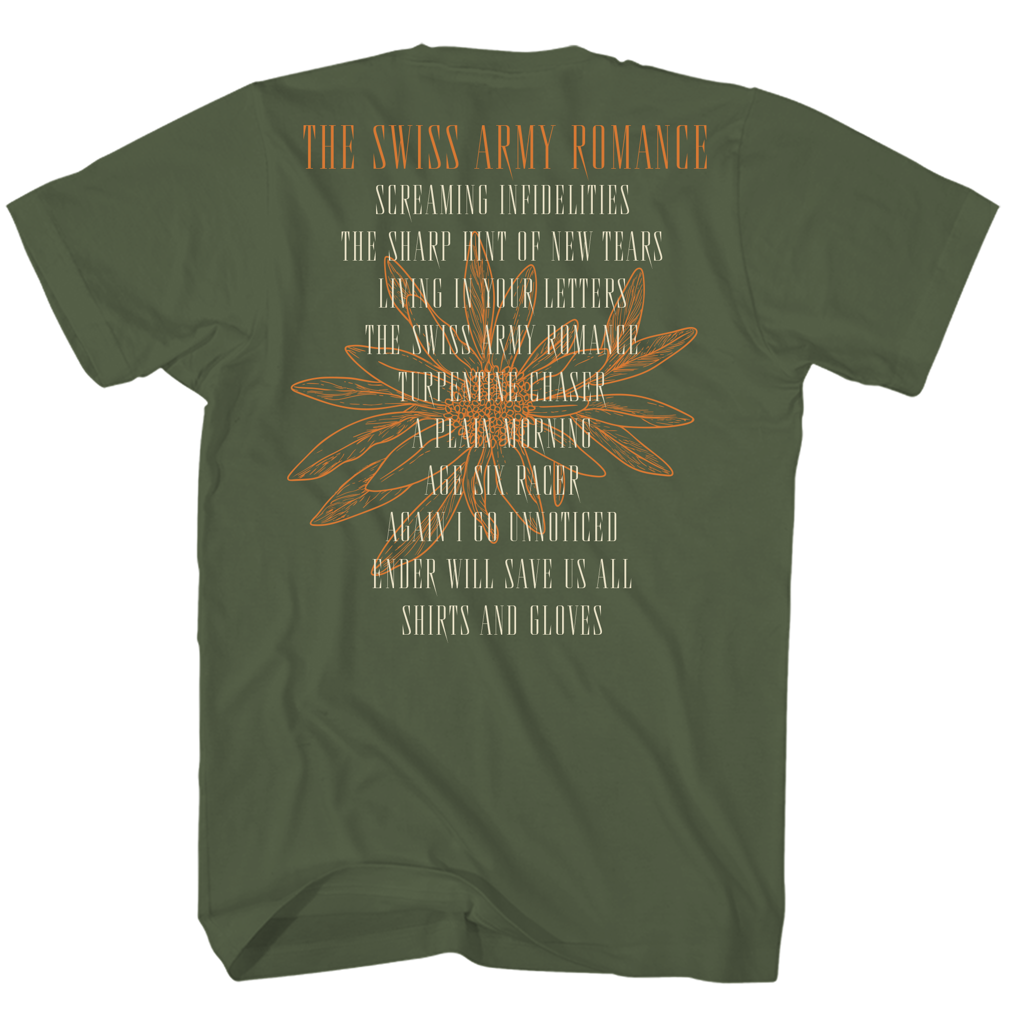 DASHBOARD CONFESSIONAL THE SWISS ARMY ROMANCE TRACK LIST MILTARY GREEN T-SHIRT