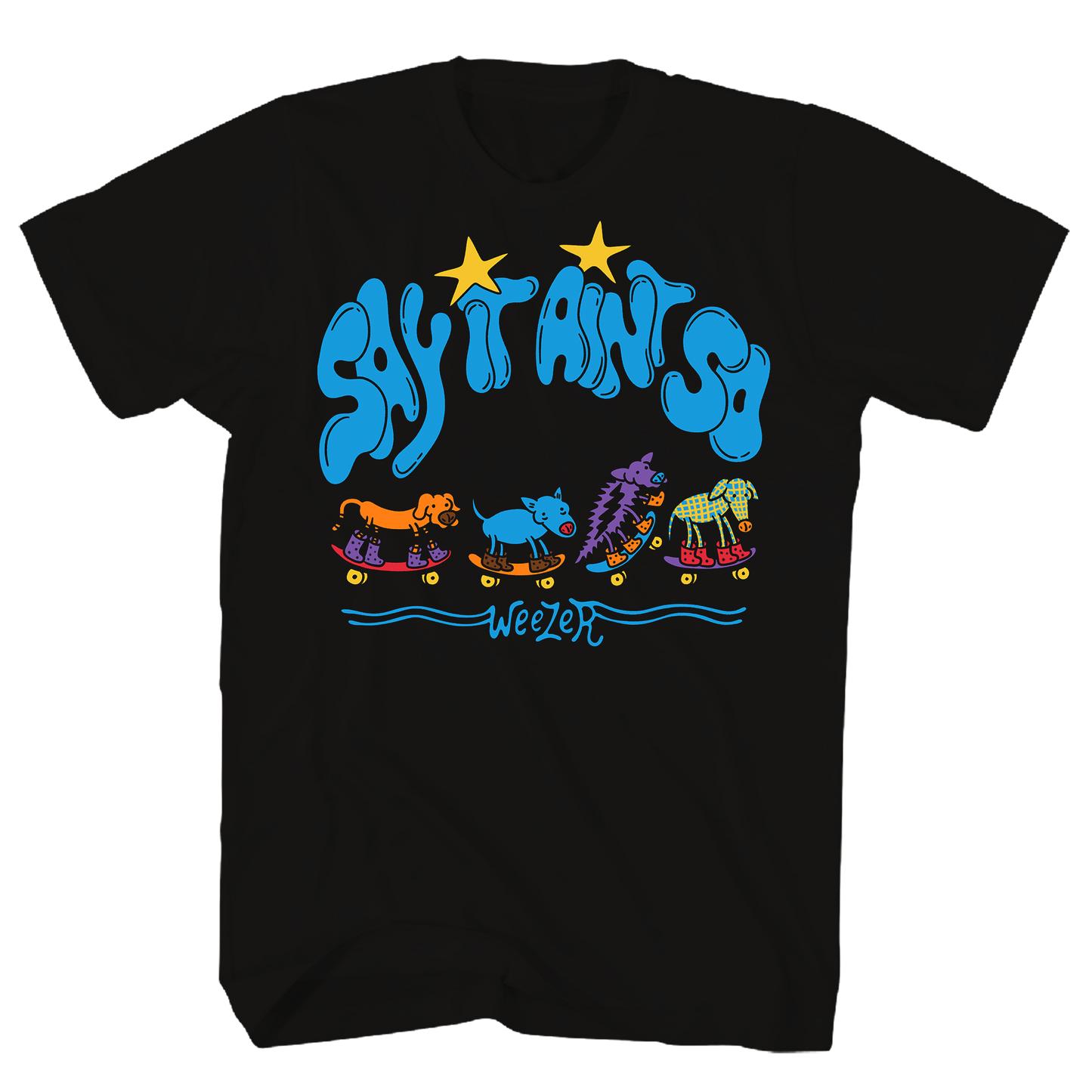 WEEZER SAY IT AIN'T SO SKATEBOARD DOGS BLACK T-SHIRT