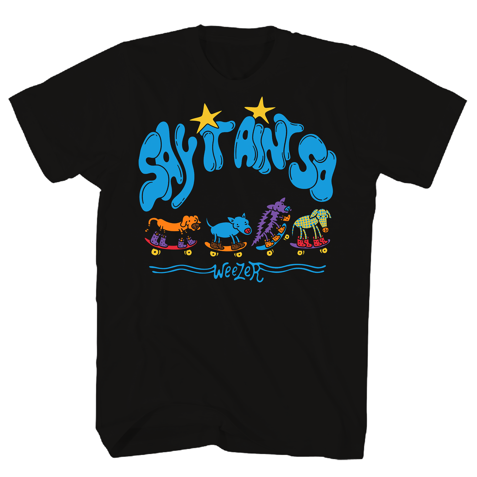 WEEZER SAY IT AIN'T SO SKATEBOARD DOGS BLACK T-SHIRT