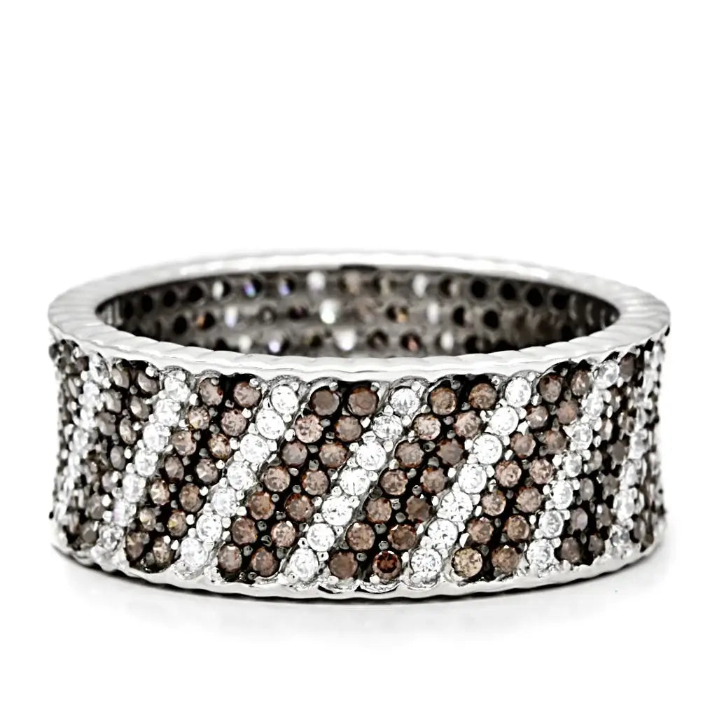 TS023 - Rhodium + Ruthenium 925 Sterling Silver Ring with AAA Grade CZ in Brown - Alamode - Flyclothing LLC