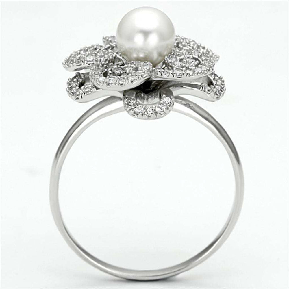 TS070 - Rhodium 925 Sterling Silver Ring with Synthetic Pearl in White - Alamode - Flyclothing LLC