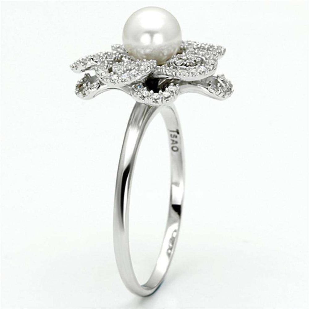 TS070 - Rhodium 925 Sterling Silver Ring with Synthetic Pearl in White - Alamode - Flyclothing LLC
