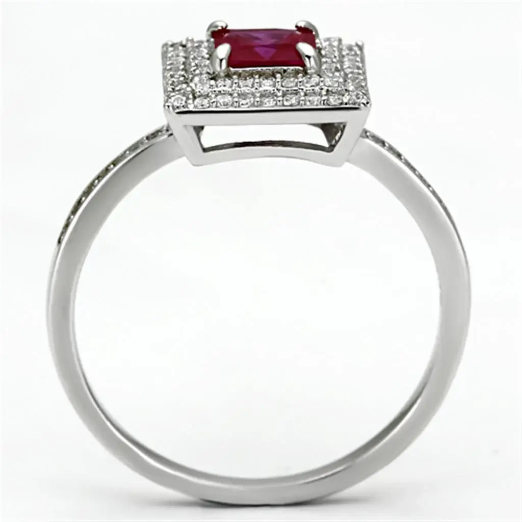 TS102 - Rhodium 925 Sterling Silver Ring with Synthetic Corundum in Ruby - Alamode - Flyclothing LLC