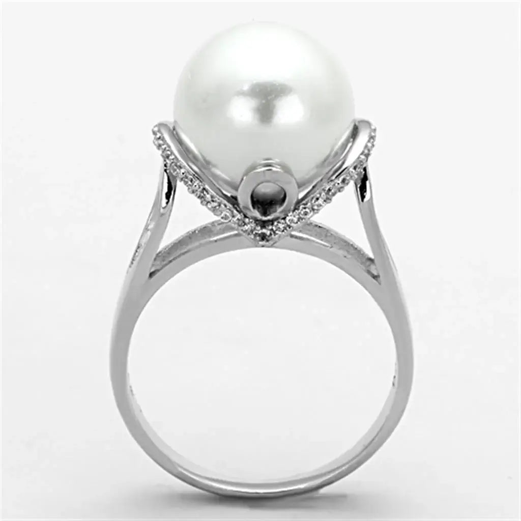 TS154 - Rhodium 925 Sterling Silver Ring with Synthetic Pearl in White - Alamode - Flyclothing LLC