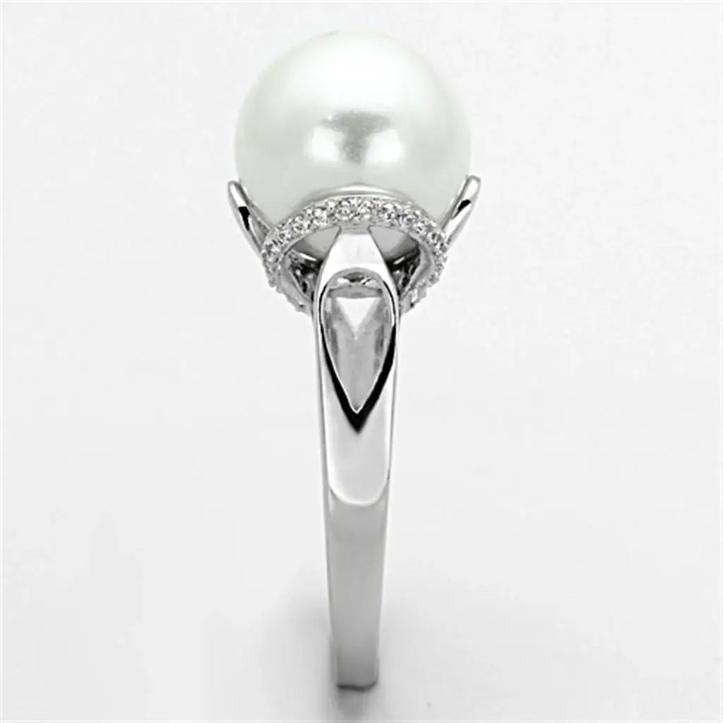 TS154 - Rhodium 925 Sterling Silver Ring with Synthetic Pearl in White - Alamode - Flyclothing LLC