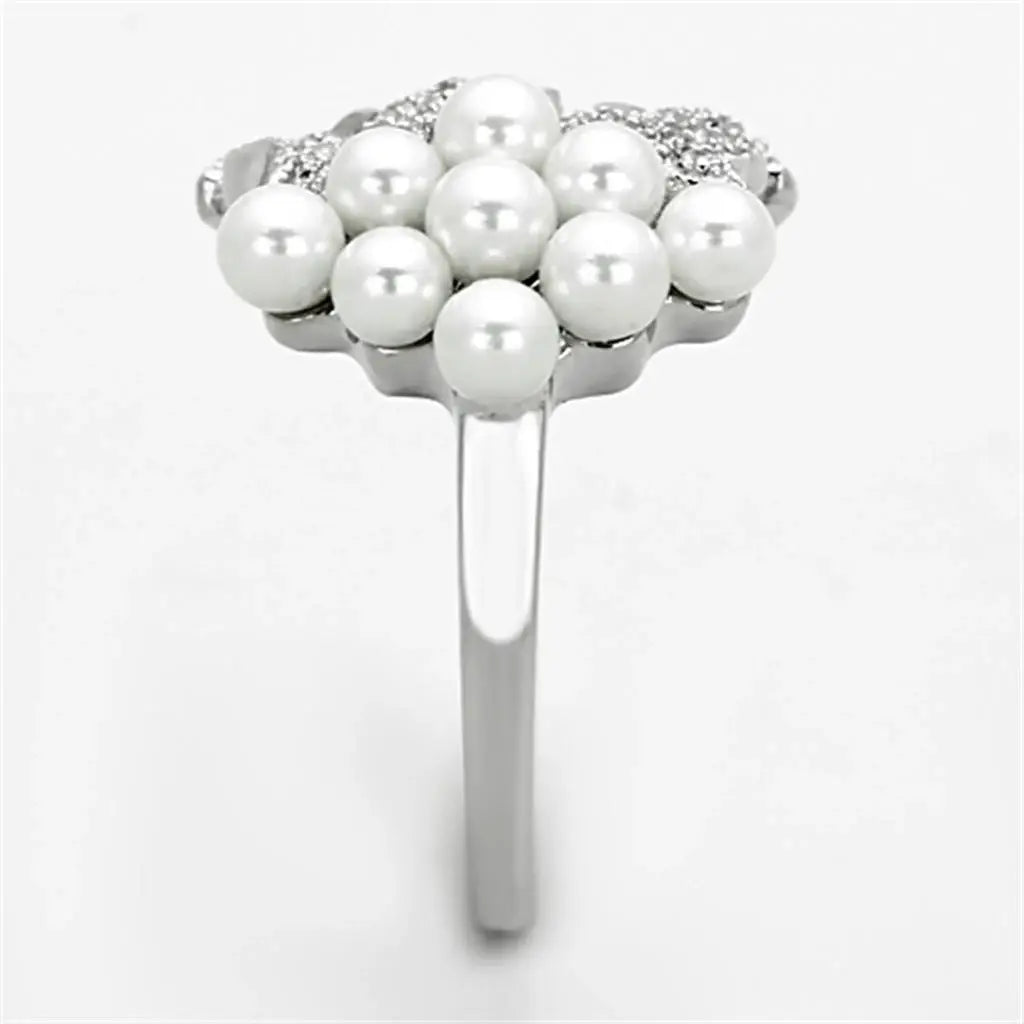 TS167 - Rhodium 925 Sterling Silver Ring with Synthetic Pearl in White - Alamode - Flyclothing LLC