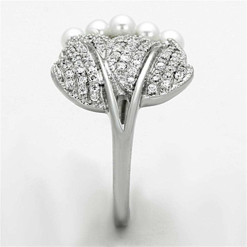 TS167 - Rhodium 925 Sterling Silver Ring with Synthetic Pearl in White - Alamode - Flyclothing LLC