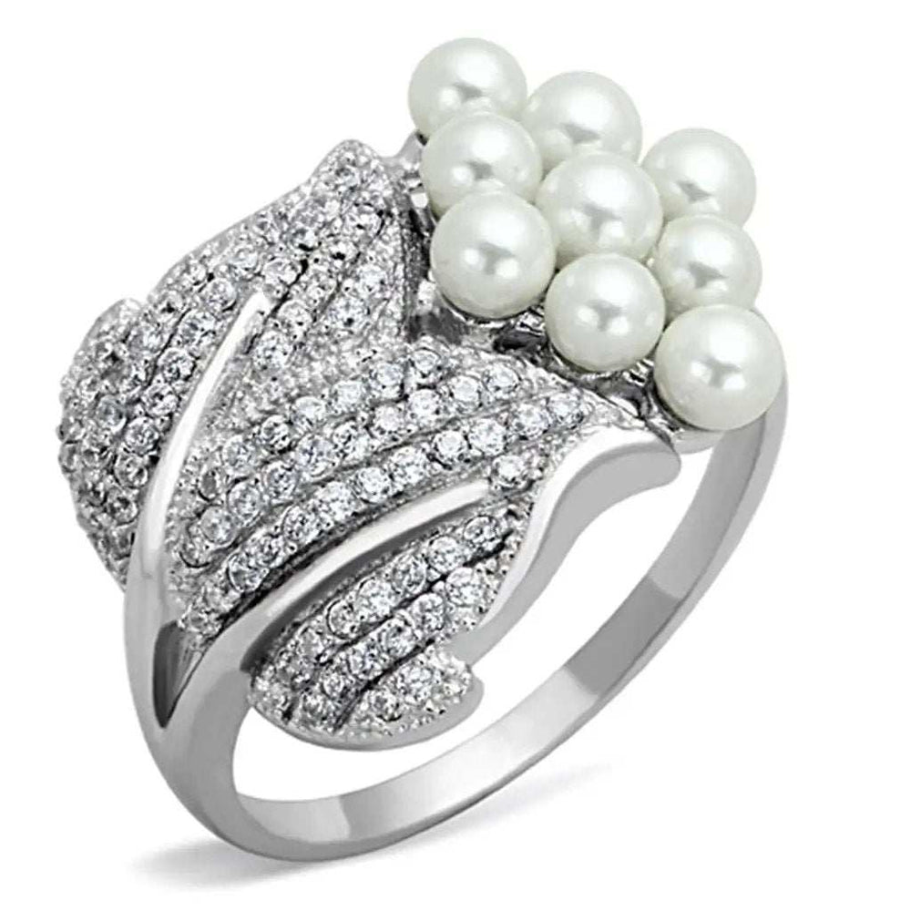 TS167 - Rhodium 925 Sterling Silver Ring with Synthetic Pearl in White - Alamode - Flyclothing LLC
