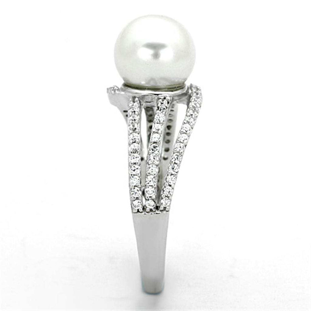 TS170 - Rhodium 925 Sterling Silver Ring with Synthetic Pearl in White - Alamode - Flyclothing LLC
