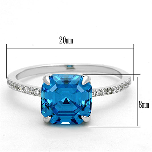 TS178 - Rhodium 925 Sterling Silver Ring with Cubic  in Sea Blue