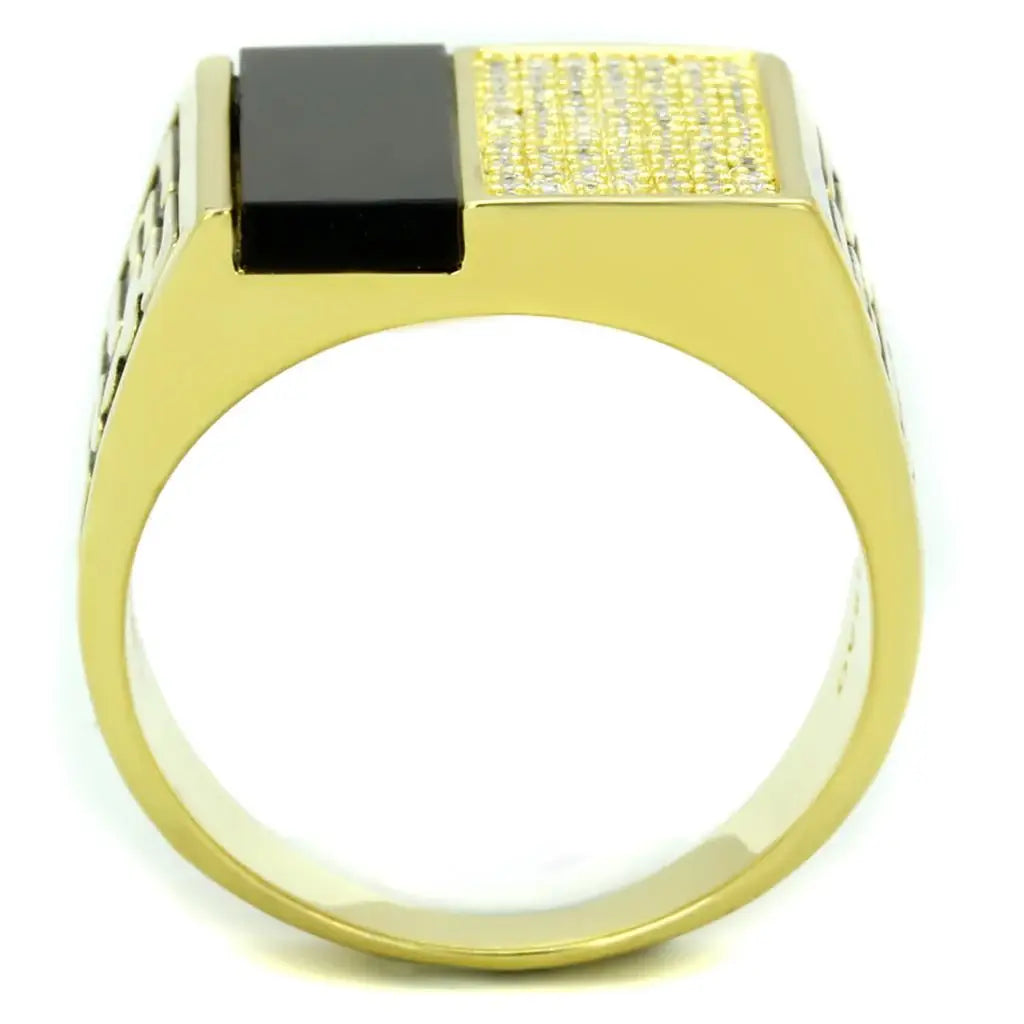 TS236 - Gold 925 Sterling Silver Ring with Semi-Precious Onyx in Jet - Alamode - Flyclothing LLC
