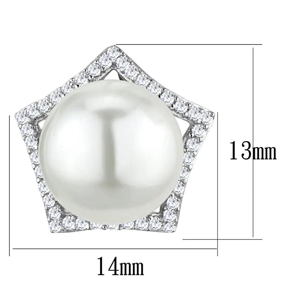 TS300 - Rhodium 925 Sterling Silver Earrings with Synthetic Pearl in White - Alamode - Flyclothing LLC