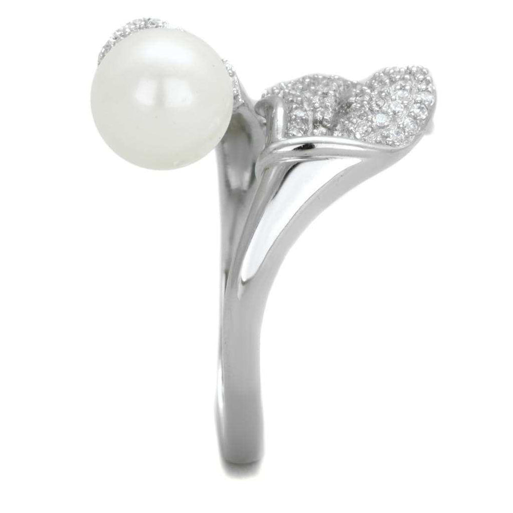 TS329 - Rhodium 925 Sterling Silver Ring with Synthetic Pearl in White - Alamode - Flyclothing LLC