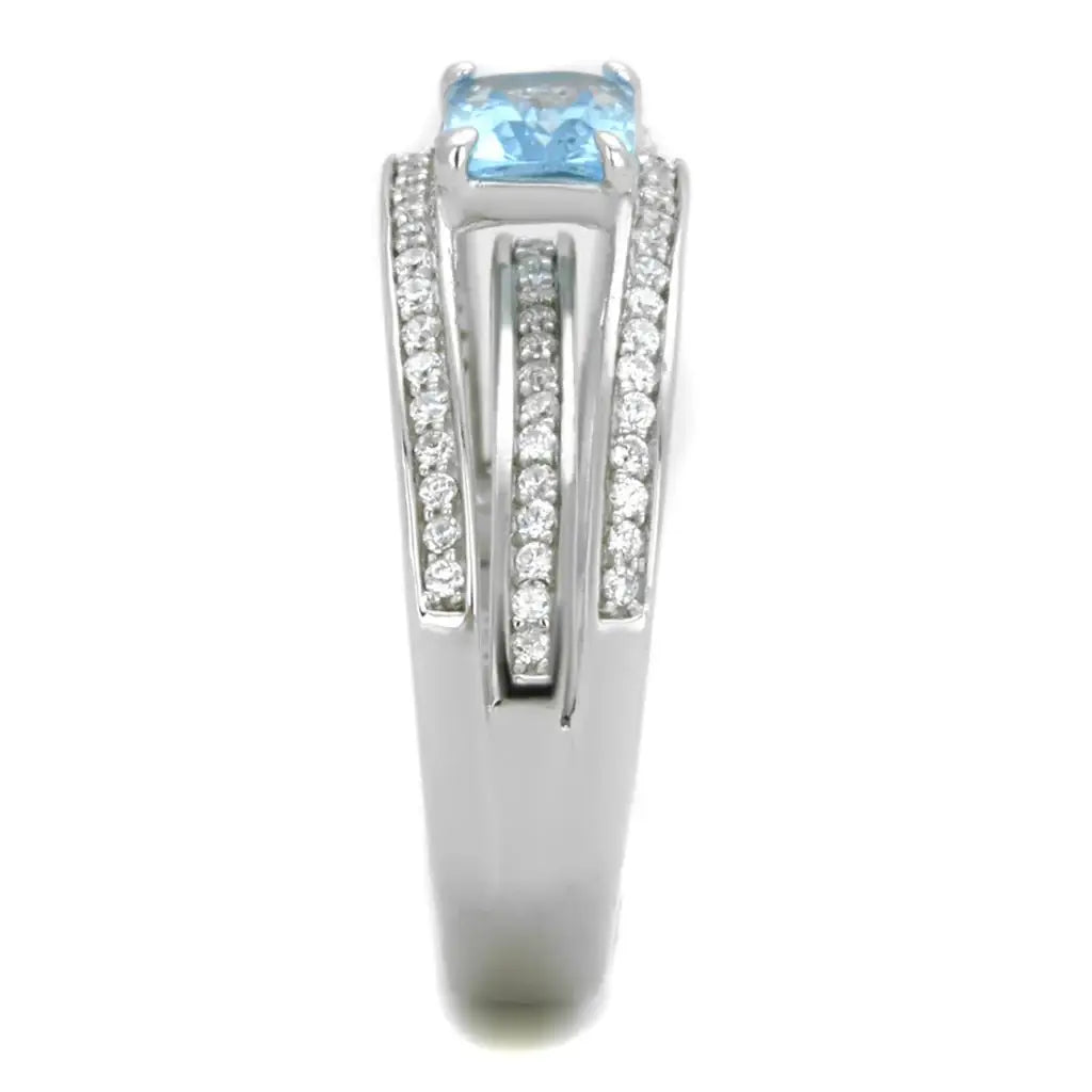TS344 - Rhodium 925 Sterling Silver Ring with Synthetic Synthetic Glass in Sea Blue - Alamode - Flyclothing LLC