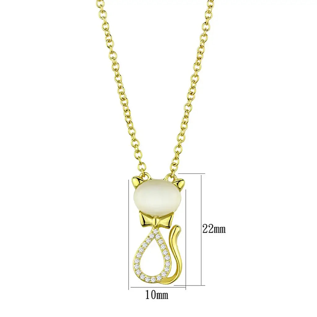 TS409 - Gold 925 Sterling Silver Chain Pendant with Synthetic Cat Eye in White - Alamode - Flyclothing LLC