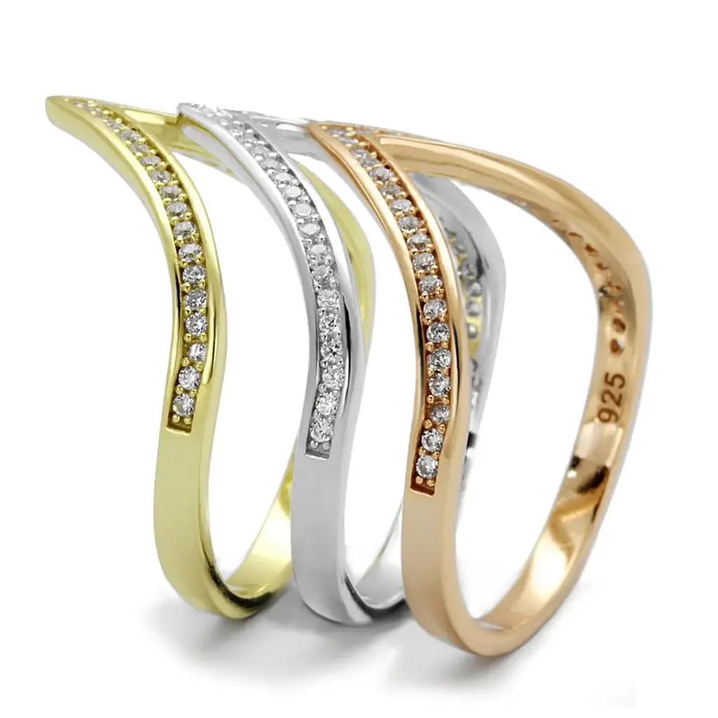 TS416 - Rhodium + Gold + Rose Gold 925 Sterling Silver Ring with AAA Grade CZ in Clear - Alamode - Flyclothing LLC