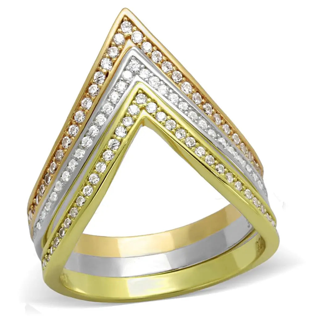 TS416 - Rhodium + Gold + Rose Gold 925 Sterling Silver Ring with AAA Grade CZ in Clear - Alamode - Flyclothing LLC