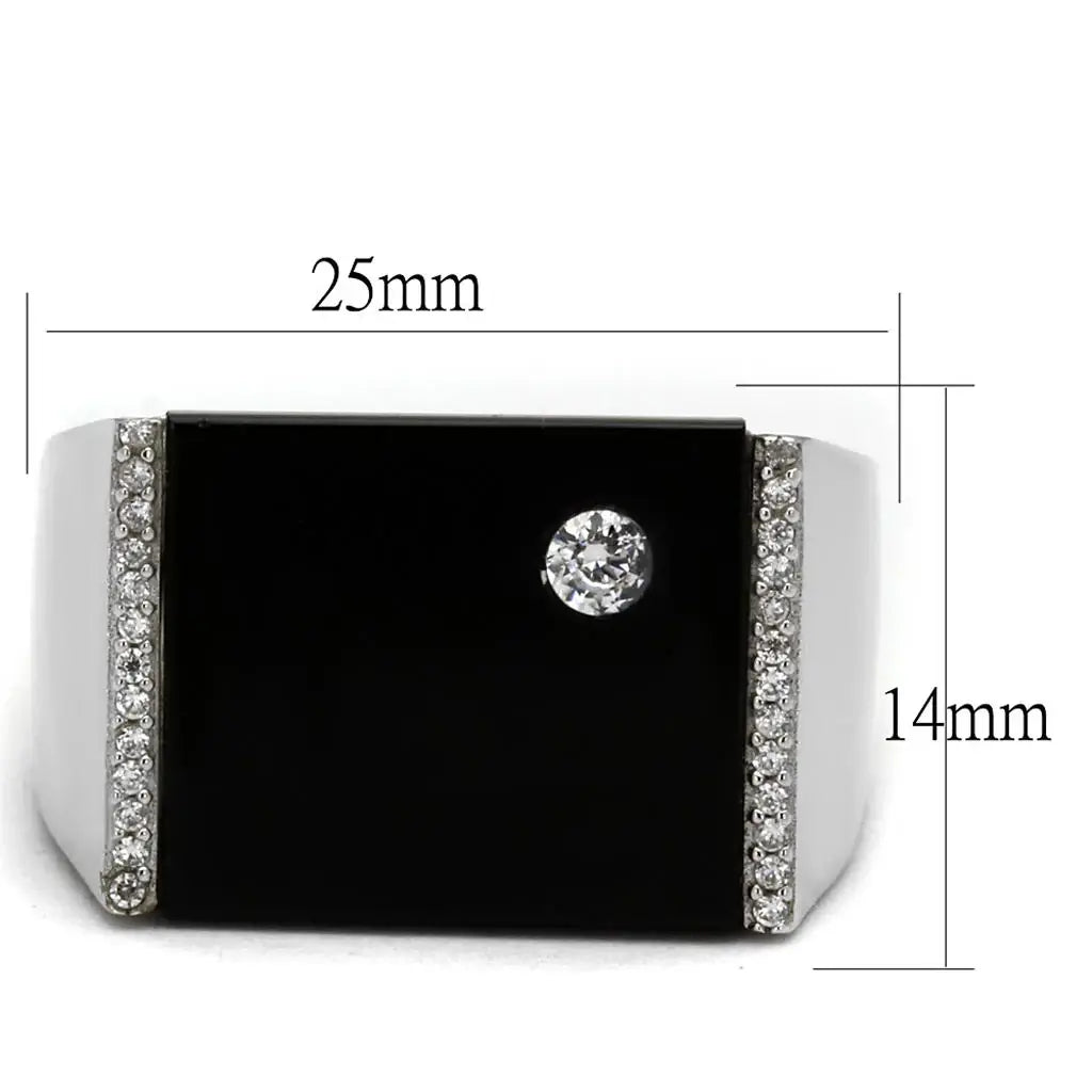TS459 - Rhodium 925 Sterling Silver Ring with Synthetic Onyx in Jet - Alamode - Flyclothing LLC