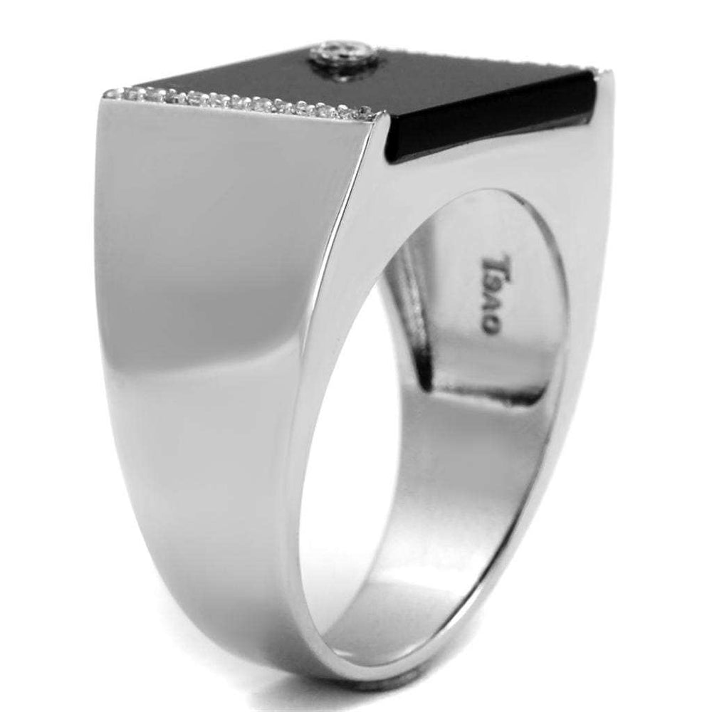 TS459 - Rhodium 925 Sterling Silver Ring with Synthetic Onyx in Jet - Alamode - Flyclothing LLC