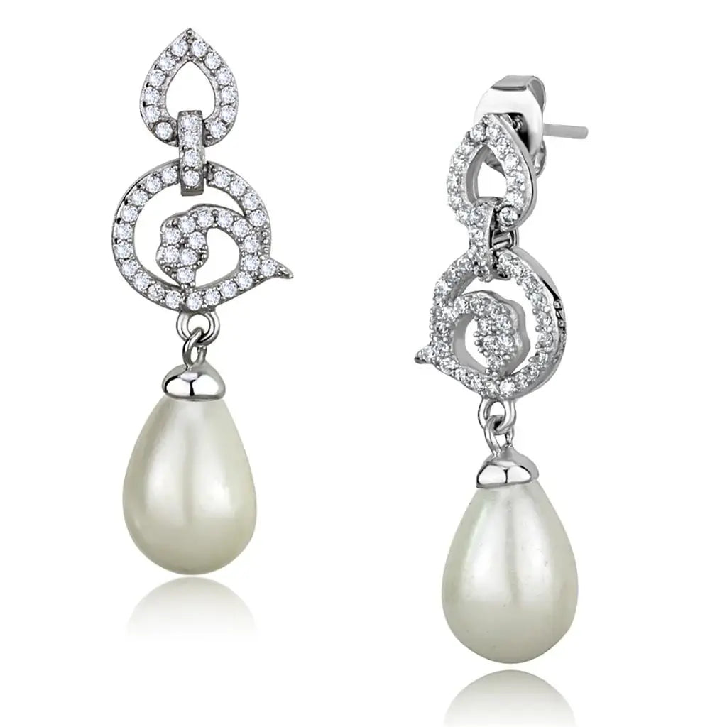 TS480 - Rhodium 925 Sterling Silver Earrings with Synthetic Pearl in Citrine Yellow - Alamode - Flyclothing LLC