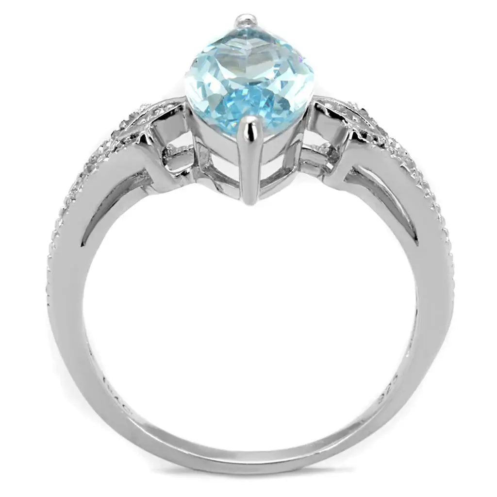 TS502 - Rhodium 925 Sterling Silver Ring with AAA Grade CZ in Sea Blue - Alamode - Flyclothing LLC